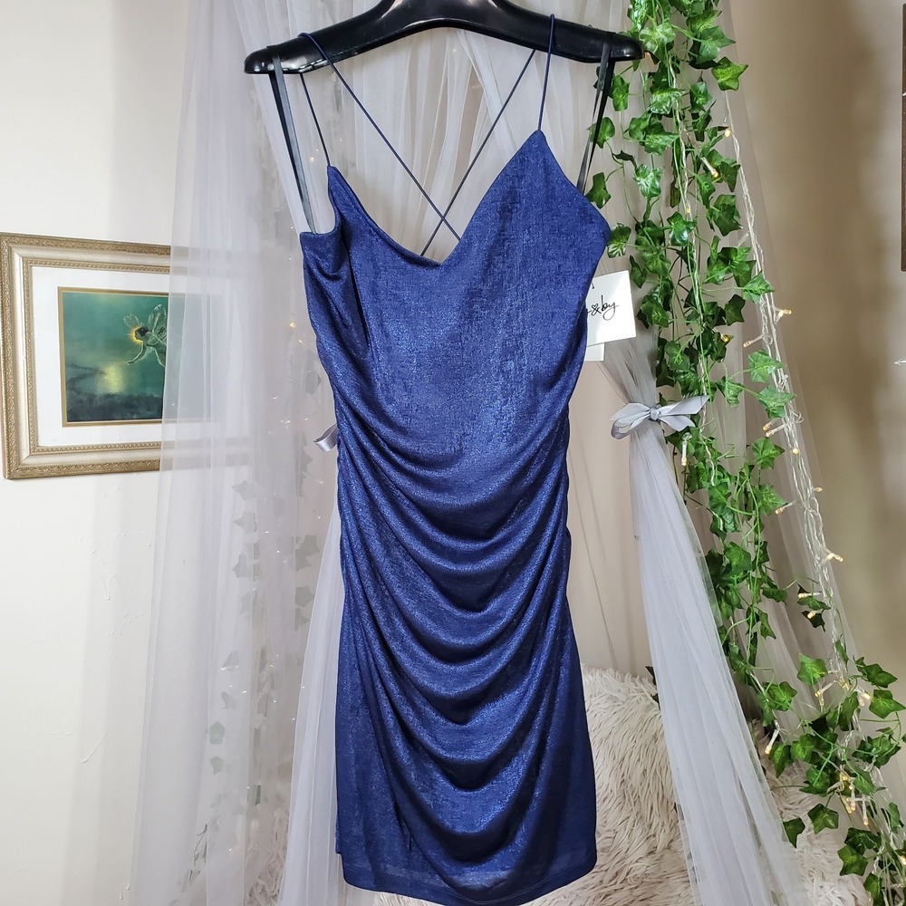 Cobalt Blue Midi /‎ Mini Dress L Ruched Shimmer Strappy Cocktail Prom Clubwear